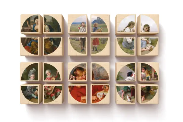 Works of French painters on wooden blocks.