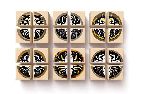 set of 6 different variations of the Scorpio zodiac sign printed on wooden blocks