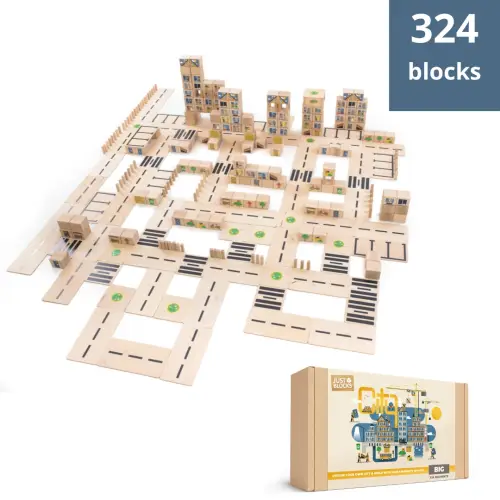 Large pack of wooden blocks for playing and building a city.