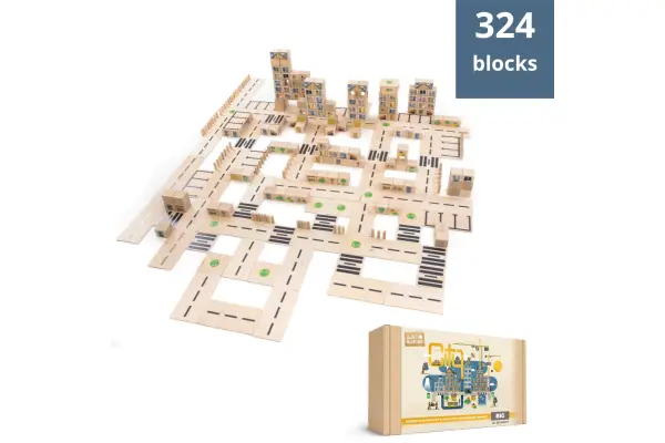 Large pack of wooden blocks for playing and building a city.