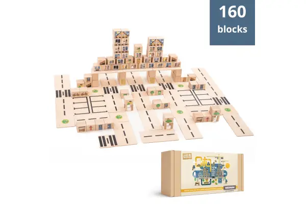 City building blocks with cardboard packaging.