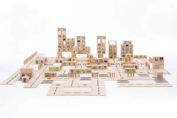 City constructed from colorful wooden blocks..