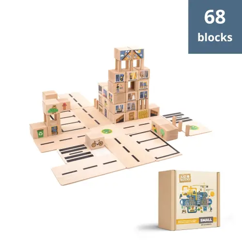 Just Blocks City set with 68 elements in cardboard packaging.