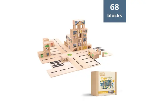 Just Blocks City set with 68 elements in cardboard packaging.