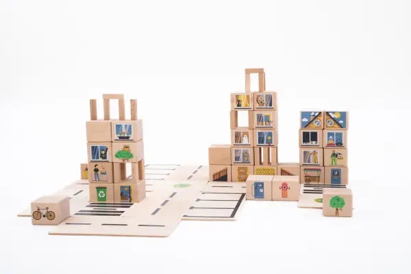 Wooden toy city made from beech wood.