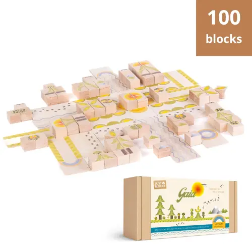 a set of natural wooden blocks with colorful prints