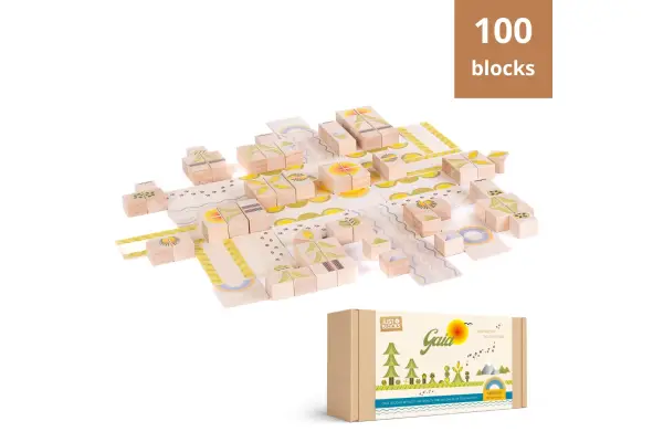 a set of natural wooden blocks with colorful prints