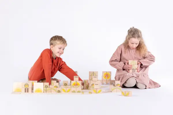 a flat structure made of colorful beech blocks