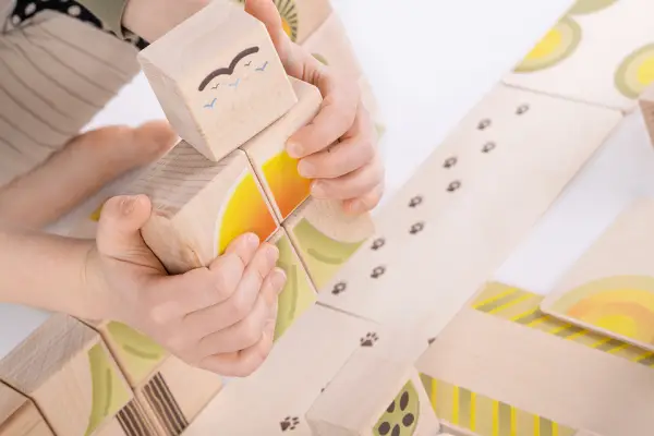 construction of landscape built from colourful wooden blocks