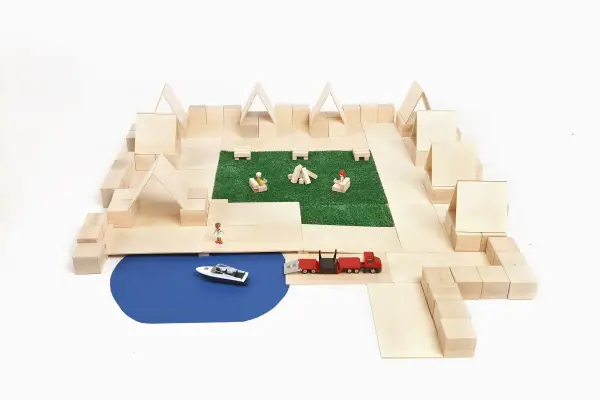 camping toy bulit from wooden blocks