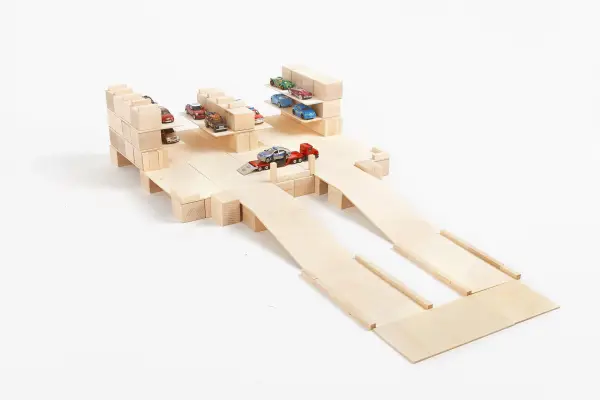 wooden parking toy built from 160 blocks