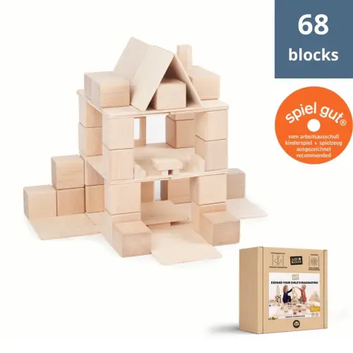 construction of modern building made of wooden blocks