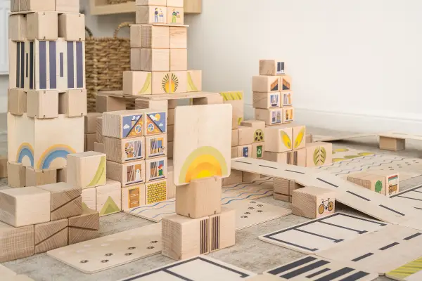 Colorful construction made of wooden blocks.