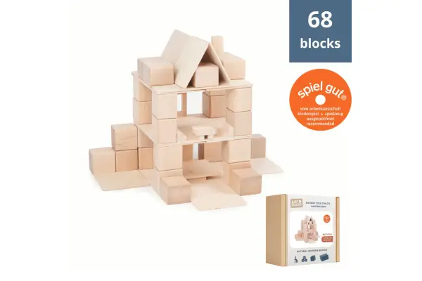 construction of modern building made of wooden blocks